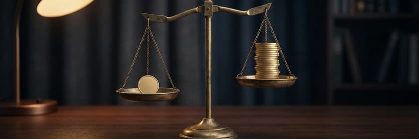 Una balanza antigua con una moneda en un platillo y una pila alta de monedas en el otro, bajo una lámpara