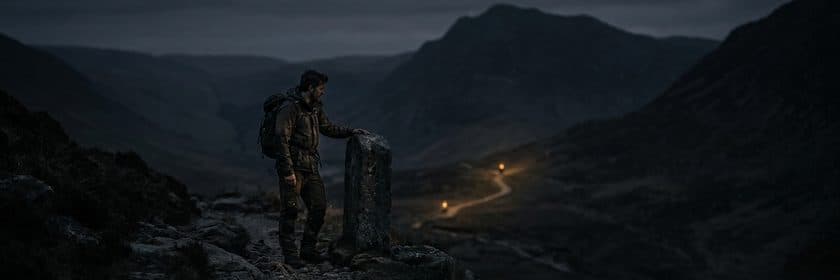 Un excursionista apoyado en un hito de piedra en la cima de un valle de montaña al anochecer
