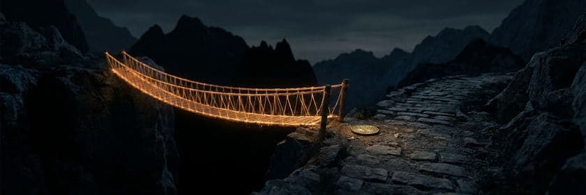Un puente colgante iluminado que cruza un barranco junto a un camino de piedra